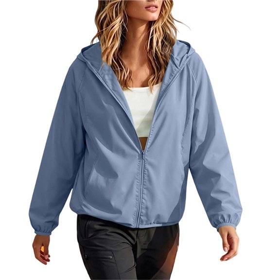 Karight Women's Lightweight Zip Up Hooded Jacket Long Sleeve Windbreaker with Pockets Adjustable Drawstring Casual Outdoor Coat