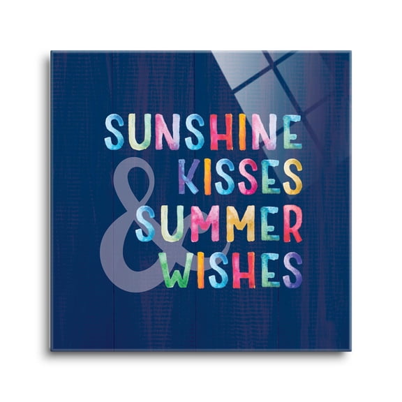 Sunshine Kisses Wishes Colorful Script 8 x 8 Glass Wall Hanging Sign