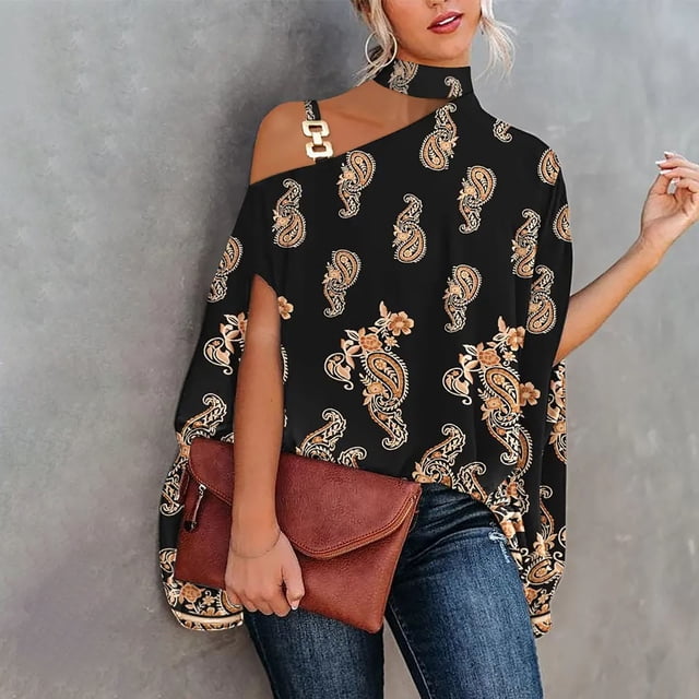 Puntoco Mujeres Casual Media Manga Murciélago Halter Cuello Hombro Impreso y Sólido Suéter Suelto Blusa tops Puntoco Puntoco-1774