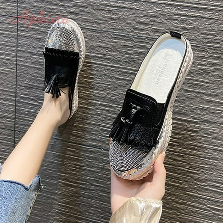 

Aphixta Crystals Round Toe Leather Flats Shoes Women Silver Bling Loafers Couple Platform Shoes Woman Flat With Students Size 43