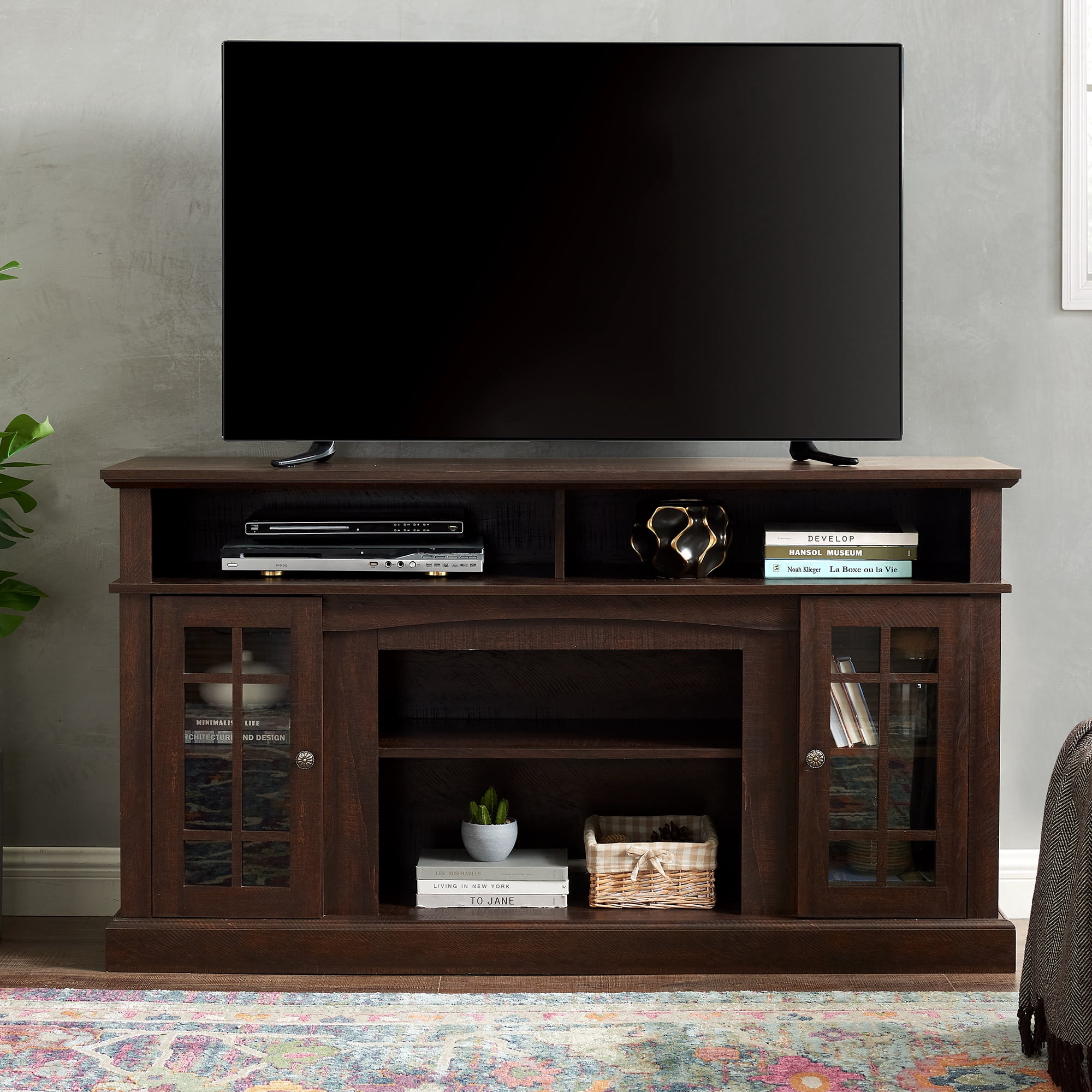 PAPROOS TV Stand for 65 Inch TV, Farmhouse Entertainment Center with 2 Doors & Adjustable Shelves, TV Console Table Media Console Cabinet for Living Room, Espresso