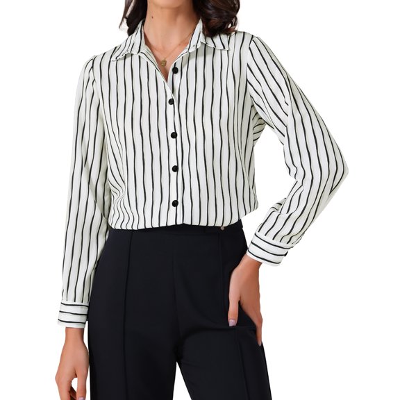 DARING DIVA Women's Striped Button Down Long Sleeve Elegant Work Shirt S White Black