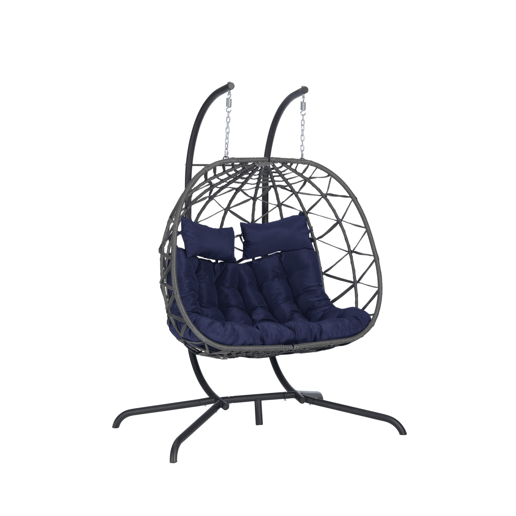 Leumius Double Egg Chair with Stand,Indoor Outdoor Wicker Swing Egg Hanging Chair with UV Resistant Cushions for Patio,Balcony,Porch,600 lbs,Dark Blue