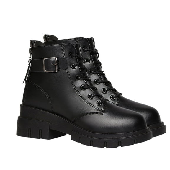 RUIYANQI Women's Buckle Strap Combat Thin Wool Boots Side Zip Platform Sole Round Toe Leather Casual Winter Booties For Women Black Women Sandal