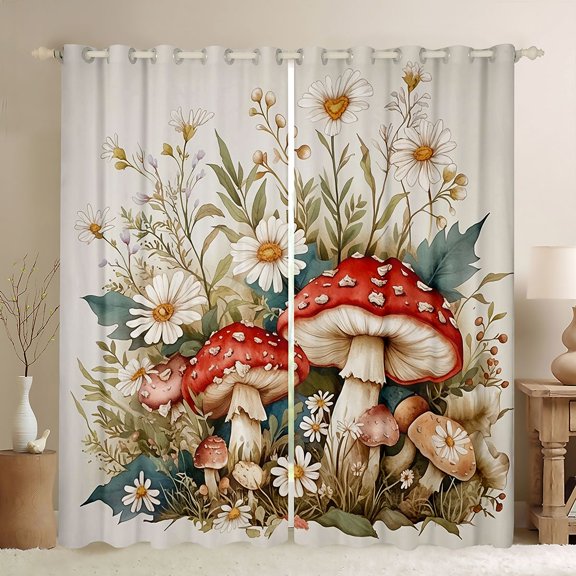 Castle Fairy Red Mushroom Boy Girl Black Out Curtains,Chic Floral Daisy Curtains Pack of 2 (42x63 Each),Botanical Plants Bedroom Curtains,Ultra Soft Home Decor
