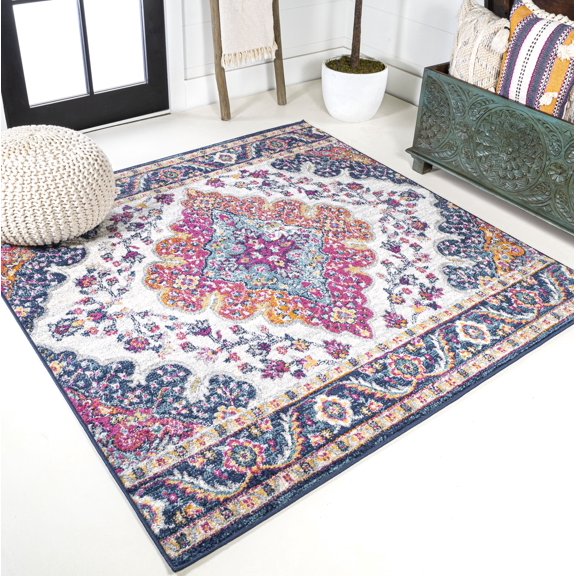JONATHAN Y BOHEMIAN FLAIR 8' Square Area Rug, Vintage Medallion - Blue/Multi, BMF106A-8SQ