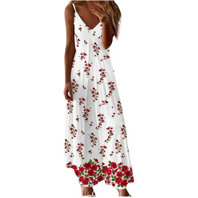 PENGXIANG Robes d'Été Décontractées Maxi Robe Mode Imprimée Col en V Sans Manches Bretelles Robe Longue