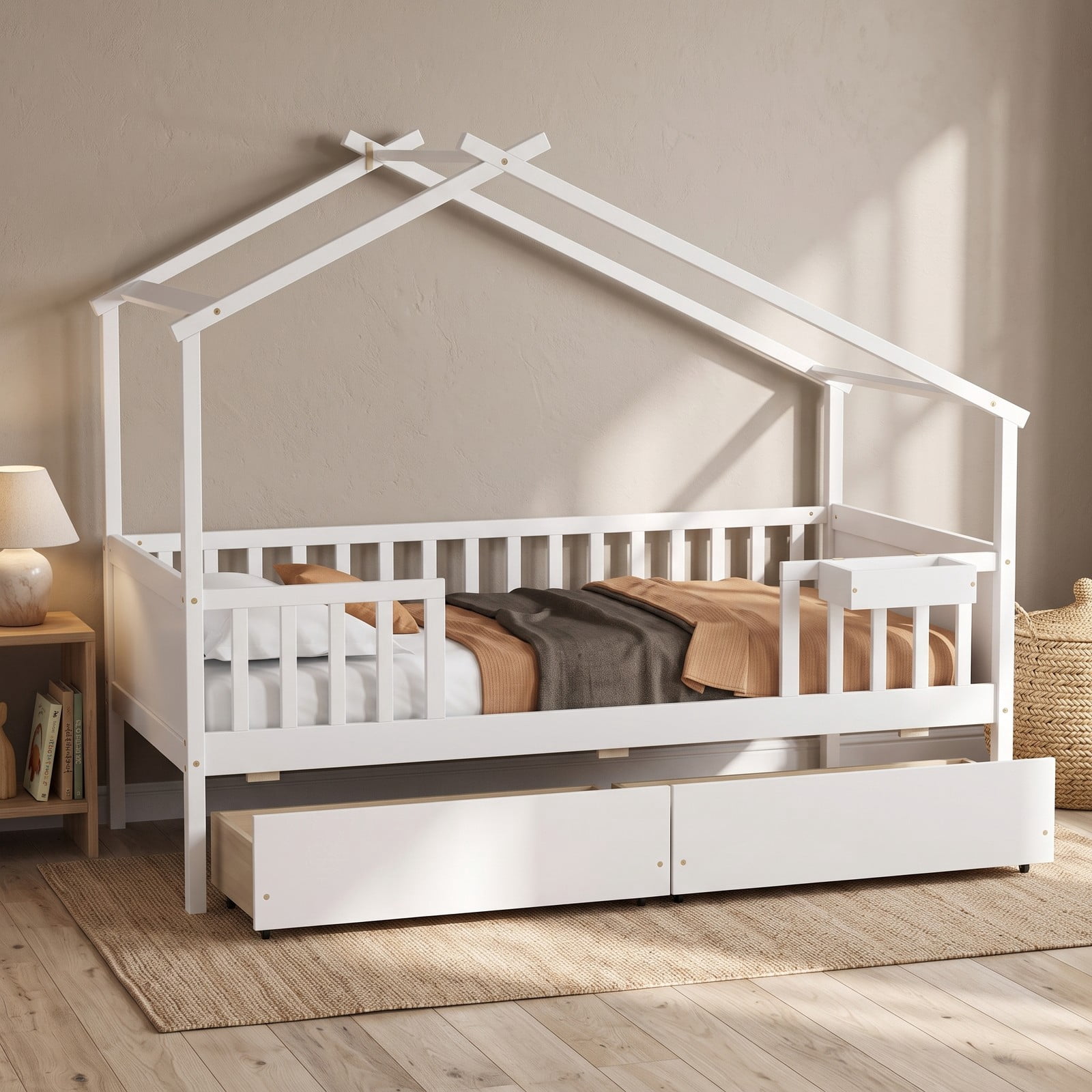 Furnibear Twin House Bed Frame with 2 Storage Drawers, Montessori Floor Bed with Roof Frame and Fence Rails for Kids Room, White