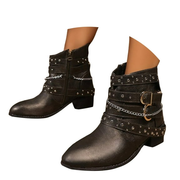 Chenyee Women's Gothic Leather Ankle Boots Fashion Studded Ankle Strap Ponted Toe Punk Motorcycle Booties