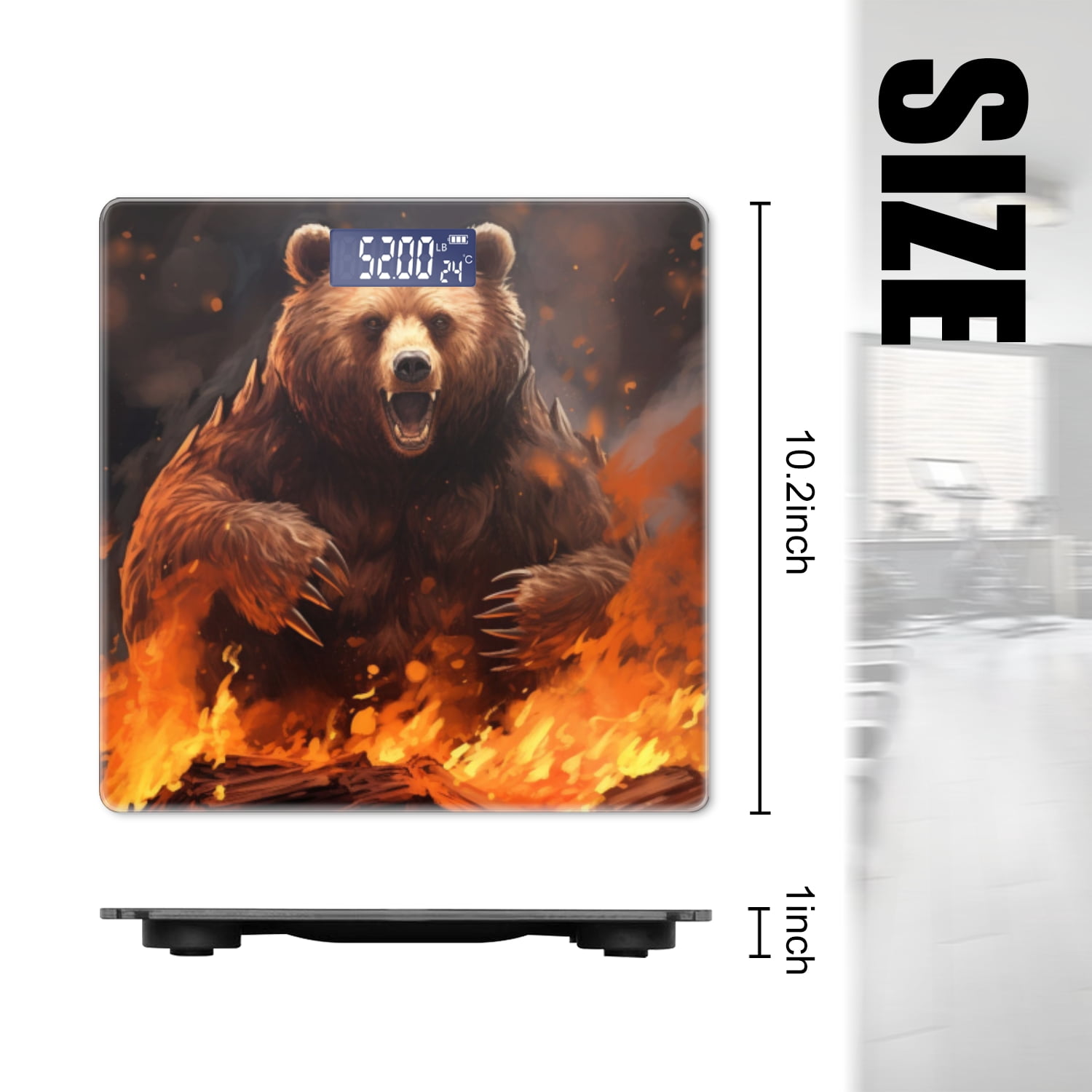 High Precision Body Weight Scale Smart Bathroom Scales with Large LCD Display(400lbs),Decorative for Bedroom-Grizzly Bear Bursting Out Of The Flames