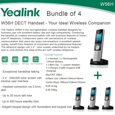 Yealink W56H Bundle of 4 IP DECT VoIP Phone Handset, HD Voice, Quick Charge