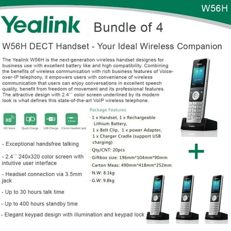Yealink W56H Bundle of 4 IP DECT VoIP Phone Handset, HD Voice, Quick