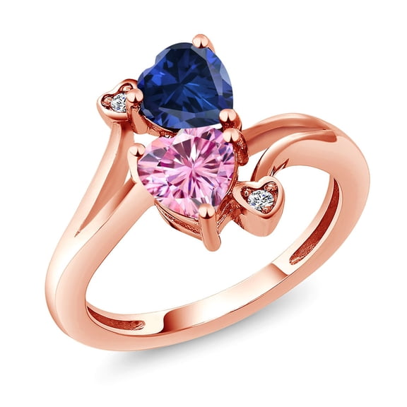 Gem Stone King 18K Rose Gold Plated Silver Blue Created Sapphire Pink Moissanite and White Lab Grown Diamond Ring for Women (1.63 Cttw, Heart Shape 6MM, Gemstone Birthstone, Size 7)