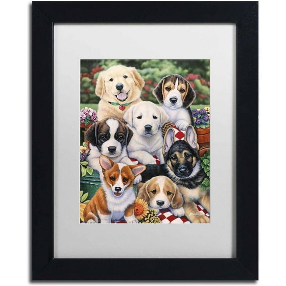 Trademark Fine Art 'Garden Puppies' Canvas Art by Jenny Newland, White Matte, Black Frame
