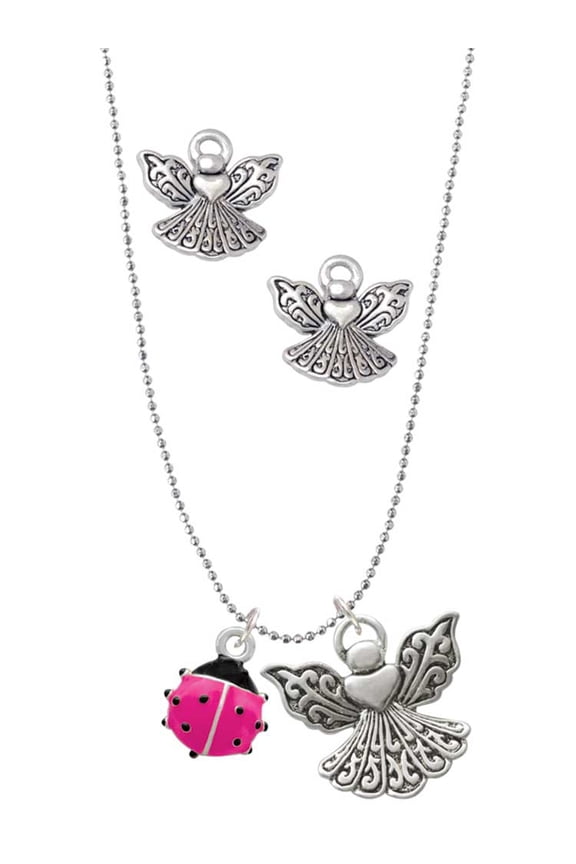 Silvertone Mini Hot Pink Ladybug Silver tone Guardian Angel Charm Necklace and Stud Earrings