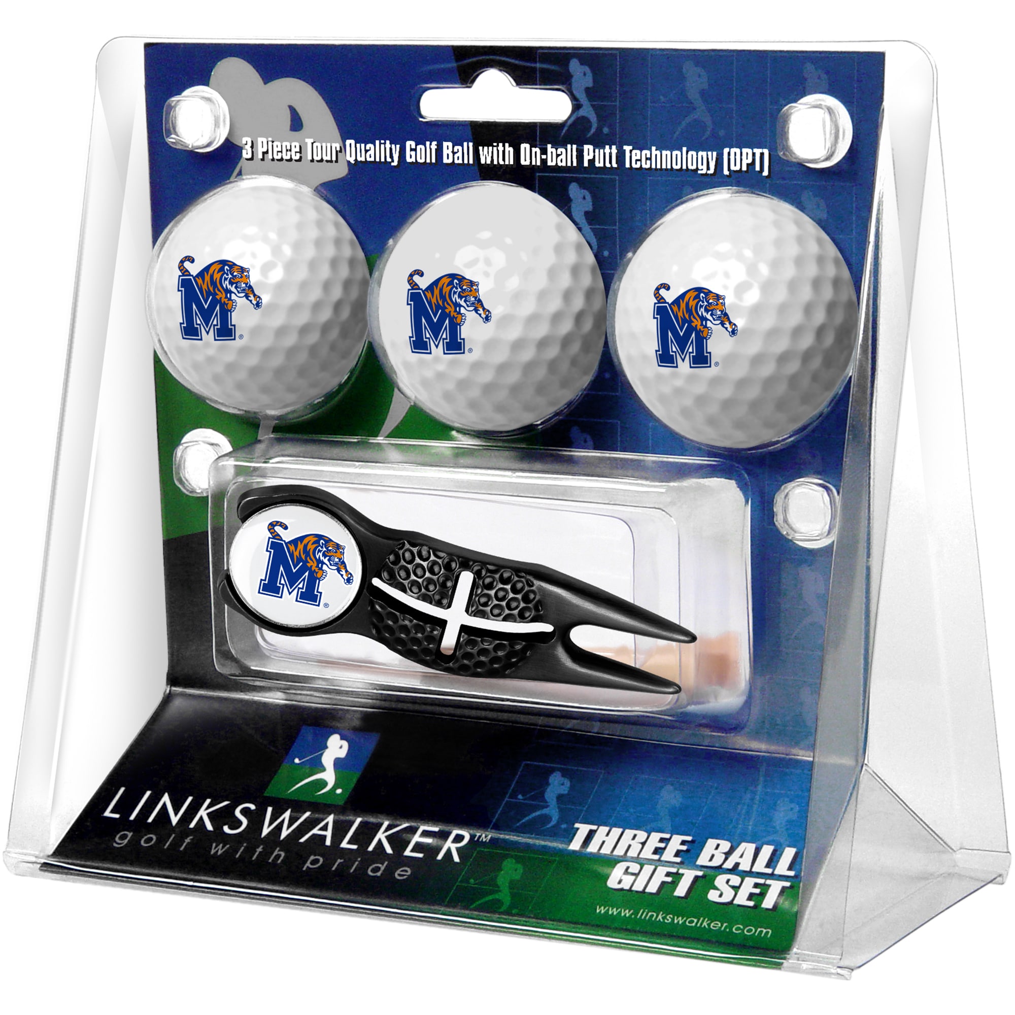 Memphis Tigers 3Pack Golf Ball Gift Set with Black Crosshair Divot