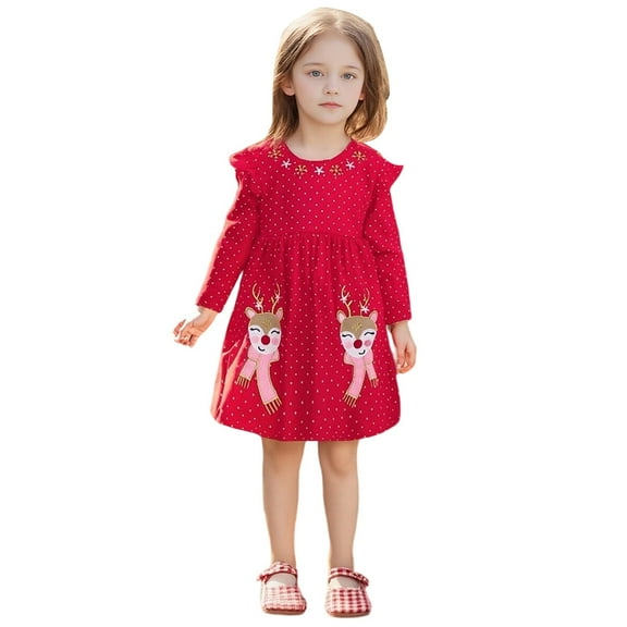 FAOWME Big Child Girls Christmas Dress Long Sleeve Round Neck Reindeer Print Comfortable Fashion Dresses For Holiday Festive Daily Wear Red 4