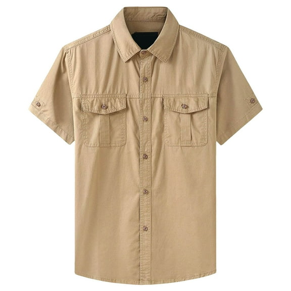 GAQLIVE Cargo Shirts Men'S Cotton Short Sleeves Shirts Fishing Travel Work Shirts Summer Casual Retro Wearable Loose Button Down Shirts For Men Khaki XL