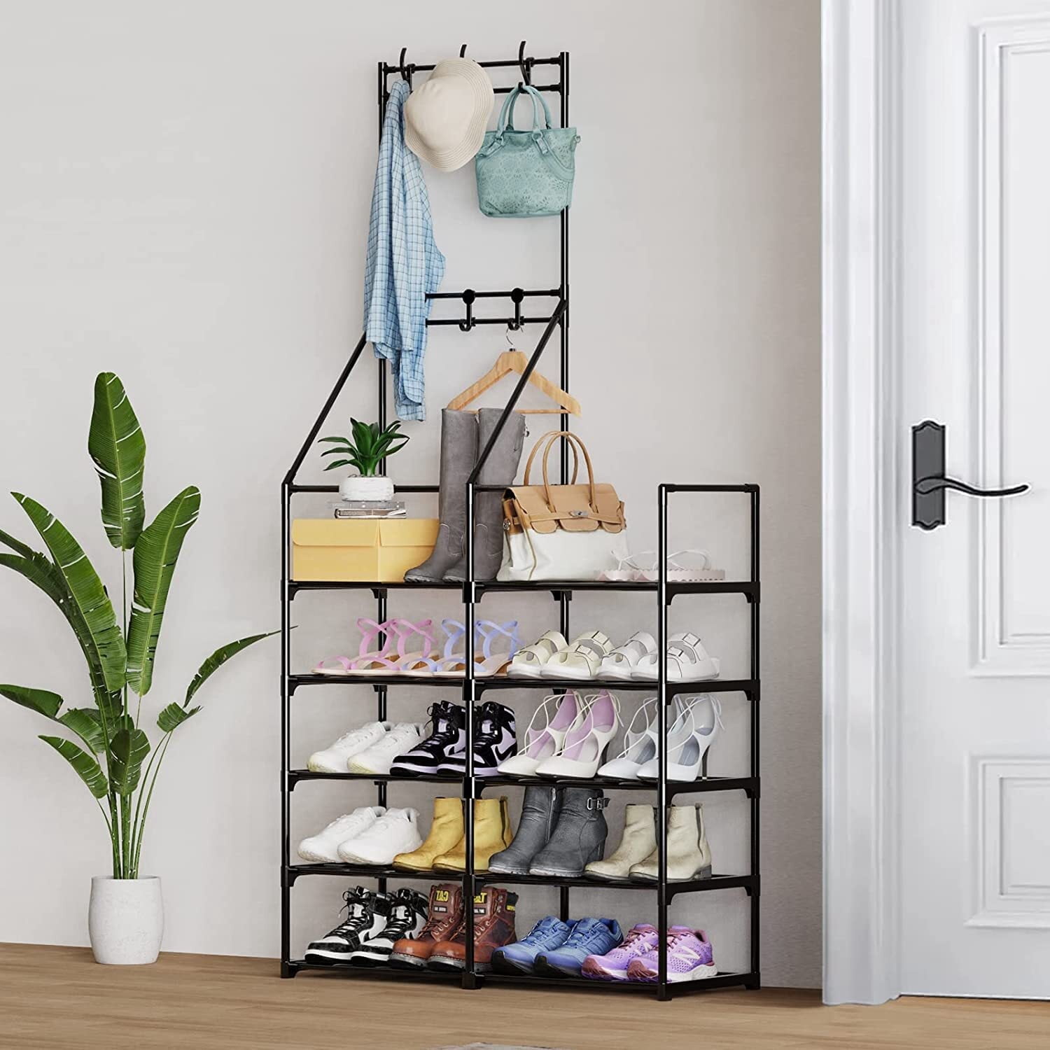 TECHVIDA 5-Tier Shoe Rack Shoe Storage Organizer, Freestanding Coat and Shoe Rack, 25-30 Pairs Shoe Shelf for Entryway Closet