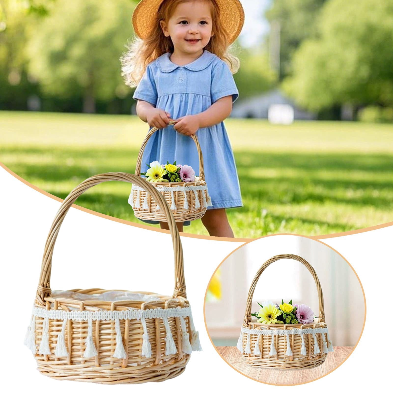 Eqslft Handwoven Wicker Flower Girl Basket with Tassel Lace, Natural Rattan Storage Basket with Handle, Boho Style Decorative Basket for Wedding, Easter, Picnic, Home Decor(Small)