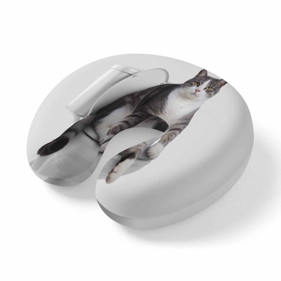 Neck Pillow Cute Funny Cat on The Toilet Travel Pillow Memory Foam U Shaped Pillows, Grey Art Travel Neck Pillows for Airplane Car Office Home Sleeping Rest