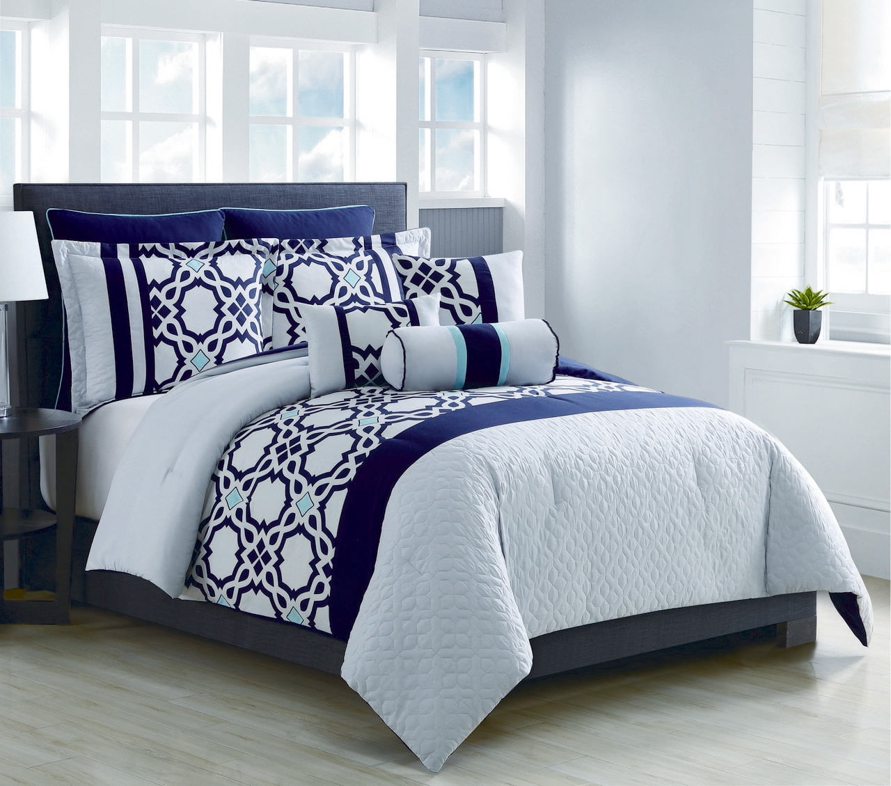 8 Piece Anabel Navy Aqua Silver Comforter Set Walmart Com