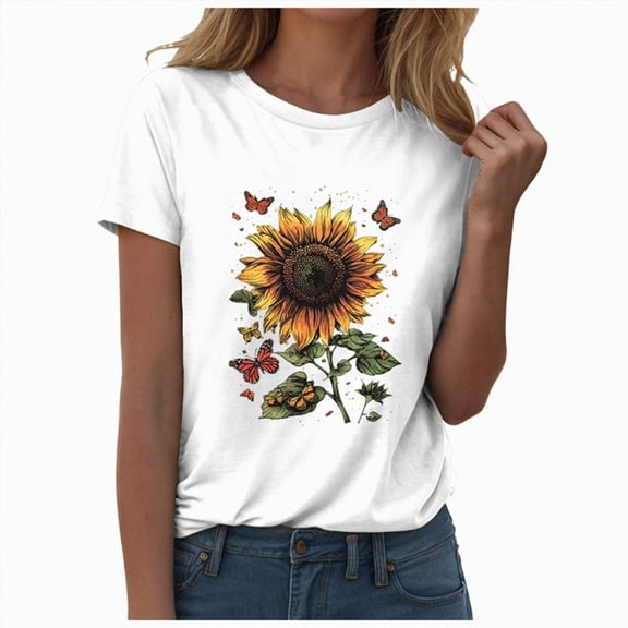 vigerkar Women's Sunflower Graphic T-Shirts Boho Wildflowers Tee Tops Summer Vintage Short Sleeve Casual Holiday Tops (White, 3XL)