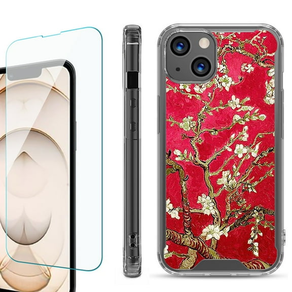 Shockproof Bumper Phone Case for iPhone 13, with Tempered Glass Screen Protector, by OneToughShield ® - Almond Blossom Red
