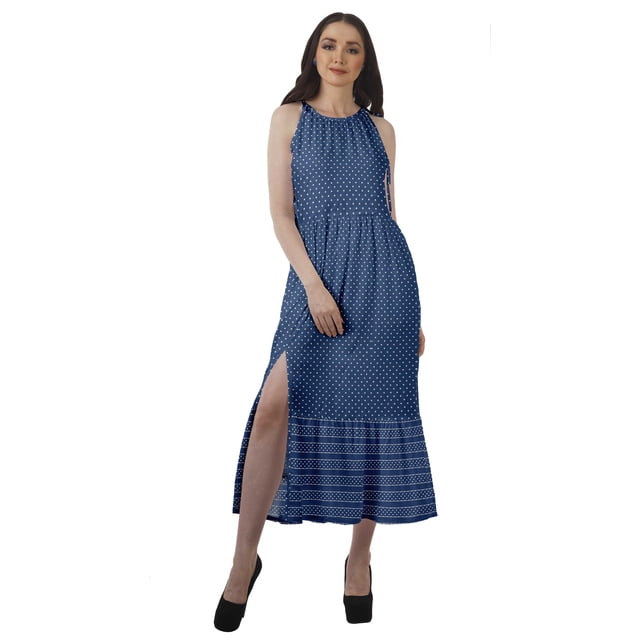 Moomaya Robe Longue Imprimée pour Femmes, Fente avant, Aguichant, Sans Manches, en Rayonne, Robe de Mariage