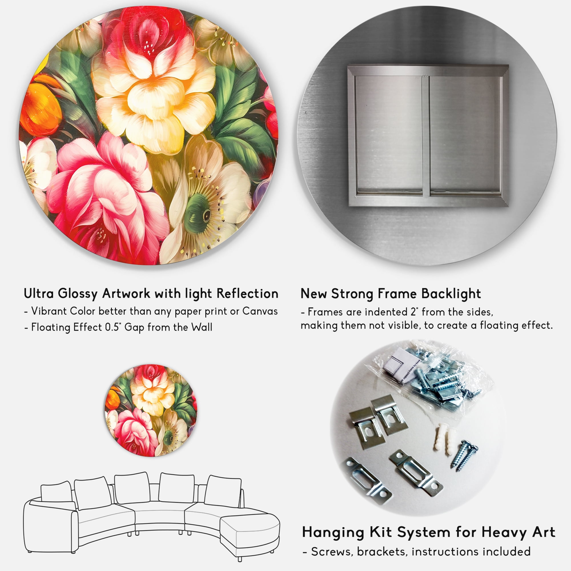 Designart 'Red and Yellow VIntage Flowers' Traditional Circle Metal Wall Art 23x23 - Disc of 23