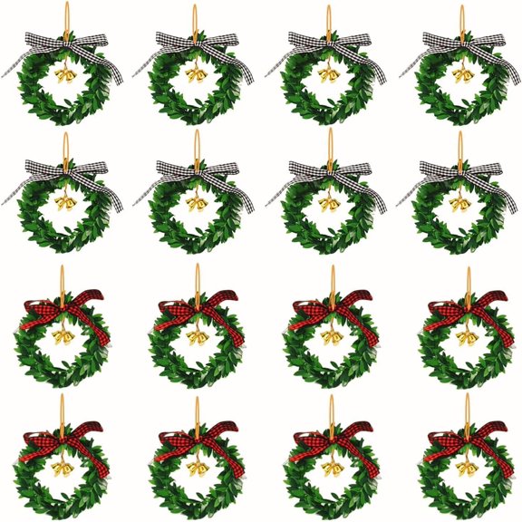 20Pcs Mini Christmas Wreaths with Buffalo Check Bow Golden Bell, Green Artificial Christmas Wreath for Christmas Tree Holiday Home Decoration (2 Style)