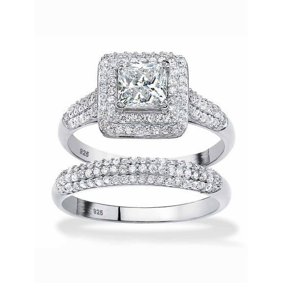PalmBeach Jewelry 2 Piece 1.67 TCW Princess-Cut Cubic Zirconia Halo Bridal Ring Set in Platinum-plated Sterling Silver