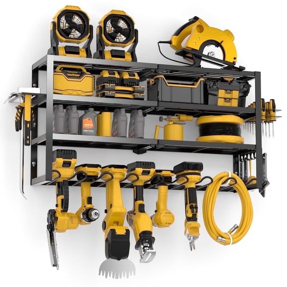Riousery Power Tool Organizer, 4-Layer Wall Mount Storage Shelf with 8 Drill Holders, 350 lbs Load Capacity