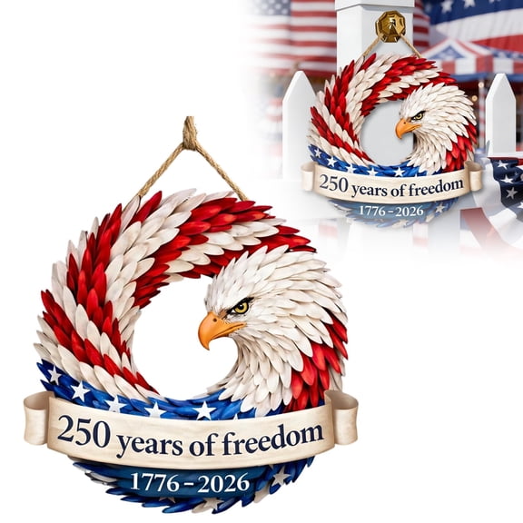 American 250th Anniversary USA Decoration Wooden Front Door Sign 1776-2026 Freedom Wreath Decor for Welcome Door Sign Wall Signs Decor Wreaths Sign Hanging for Home Wall Decor Party Supply