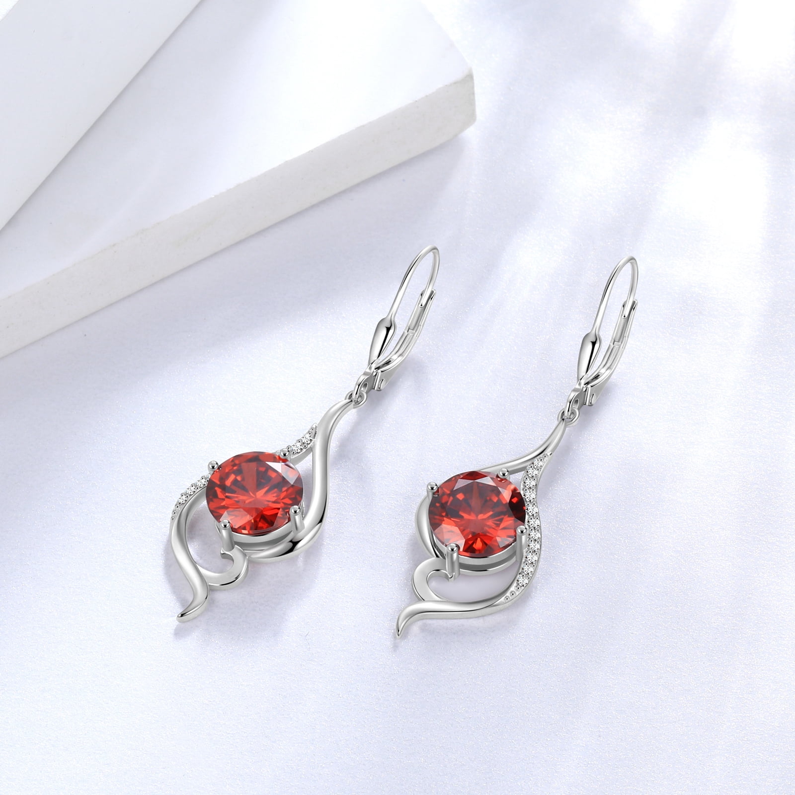 Juwaliy Women Dangle Earrings January Birthstone Earrings Garnet Red Hanging 925 Sterling Silver Leverback Tail Jewelry Mother Wife Xmas Birthday Valentines Gift for Her