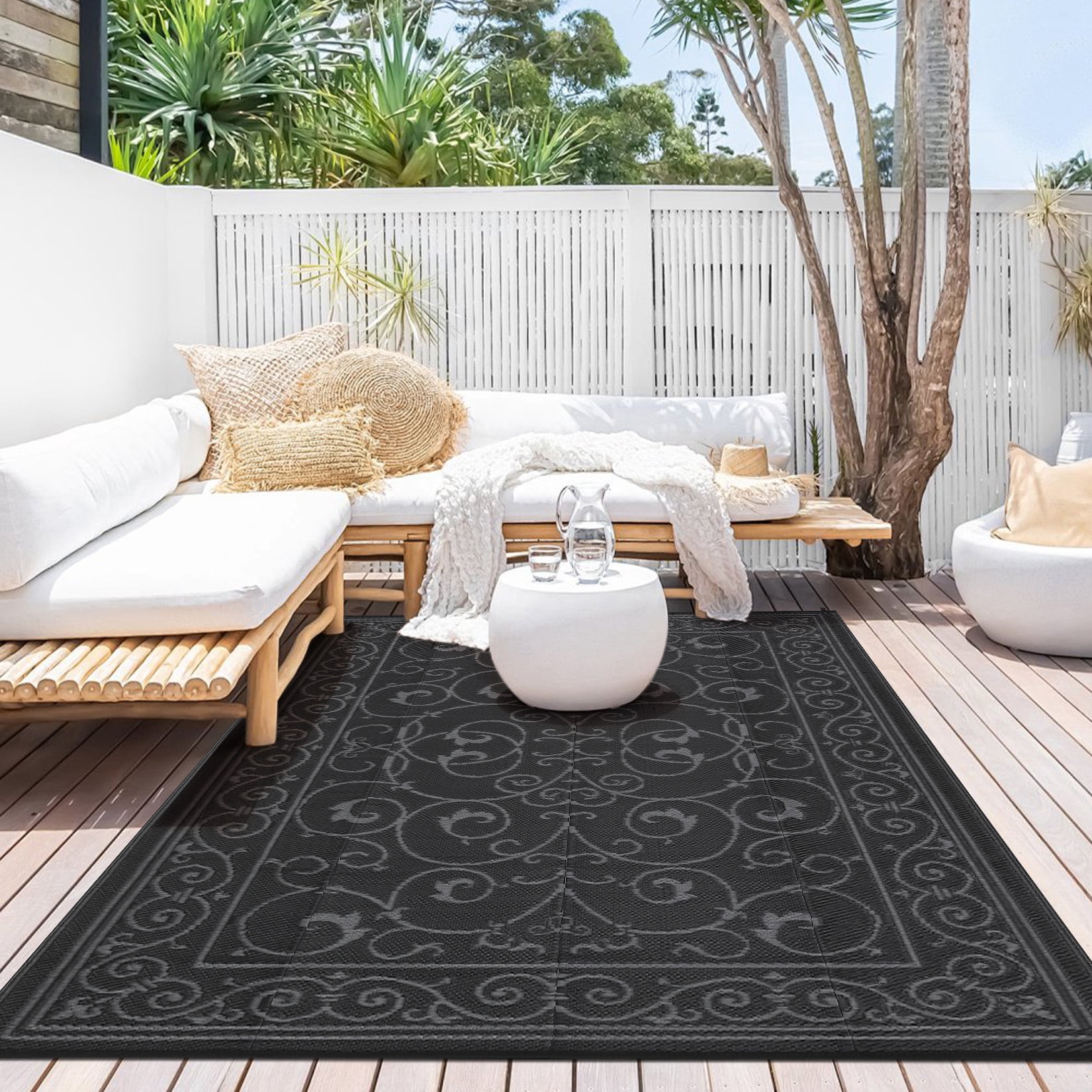 Garvee 8'x10' Outdoor Rug Waterproof Plastic Straw Rug, Reversible Outside Carpet UV Resistant Modern RV Mat for Backyard Garden Deck Poolside, Black