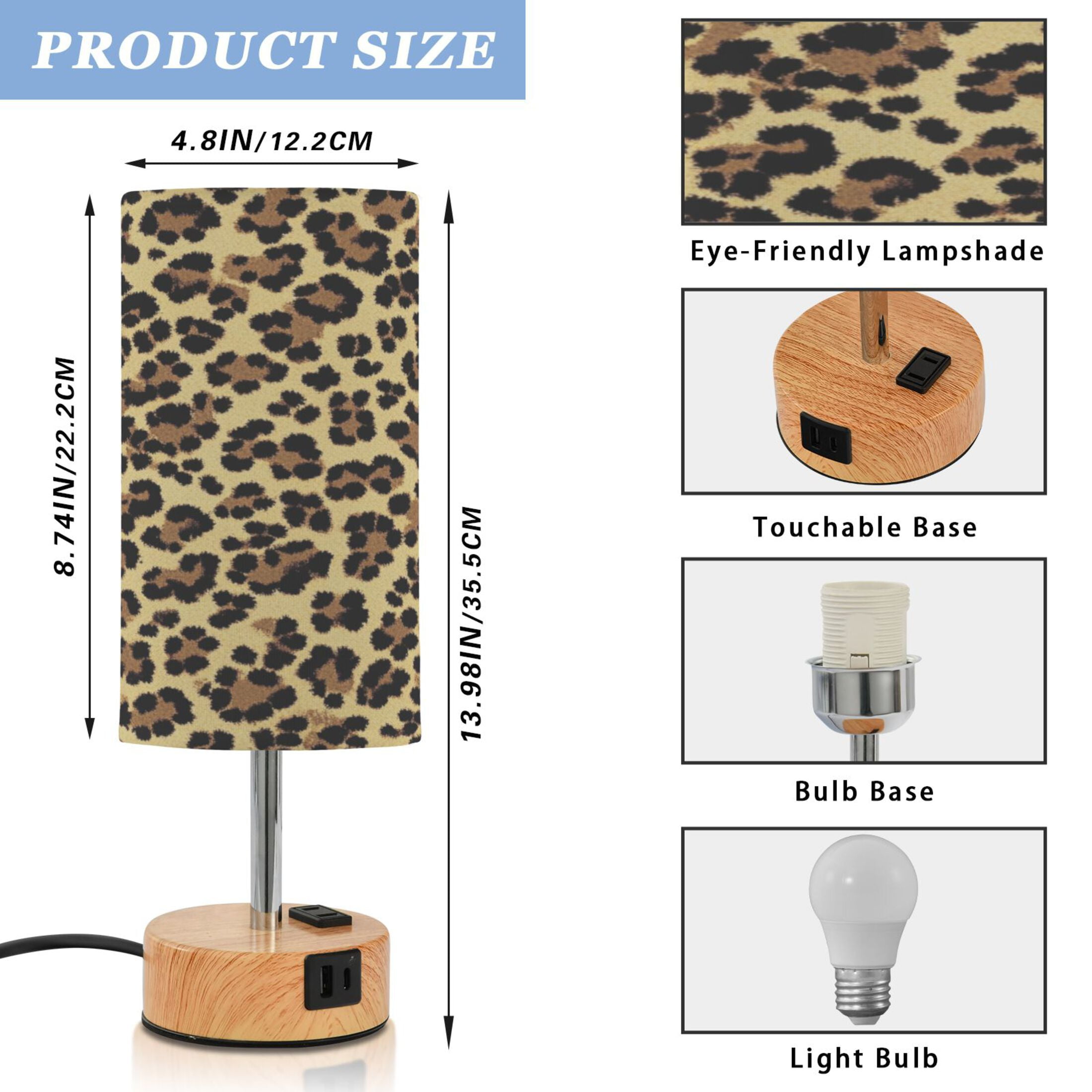 Wobogo Brown Leopard Bedside Lamp Touch Control Table Lamp with USB A+C Charging Ports & AC Outlet 3-Way Dimmable Nightstand Lamp with Linen Fabric Shade for Bedroom Living Room