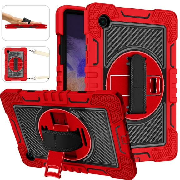 For Samsung Galaxy Tab A8 10.5" Case SM-X200 X205 with Shoulder Hand Strap Rotating Kickstand,Kids Shockproof Protective Rugged Heavy Duty Case Armor Cover, Red Black