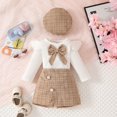 thumbnail image 3 of Hotiary Infant Baby Girl Party Skirt 3Pcs Outfit Toddler Ruffle Long Sleeve Bow Ribbed Shirt Top Mini Skirt with Beret Kids Cute Spring Summer Fall Birthday Clothes for 6M-3T Light Brown, 3 of 6
