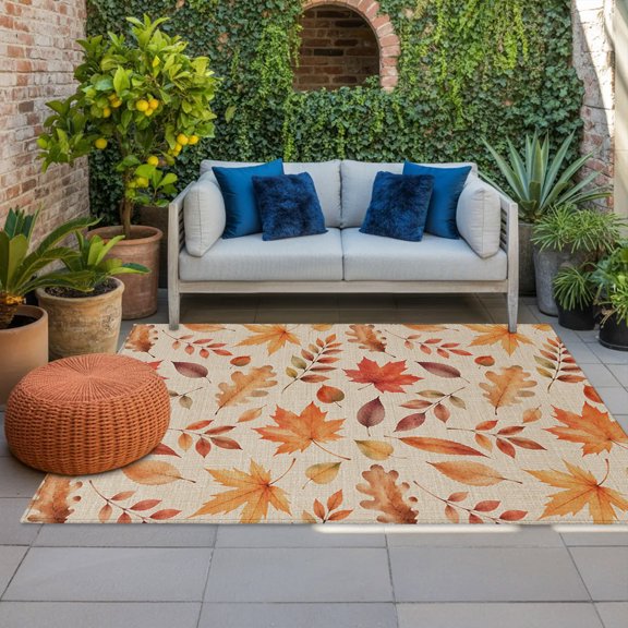 Outdoor Rug, Thanksgiving Fall Seamless Foliage Indoor Area Rug Outdoor Carpet RV Camping Rugs 4x6ft Farm Maple Leaf on Burlap Outside Mat for Patio Picnic Porch Deck Balcony Backyard