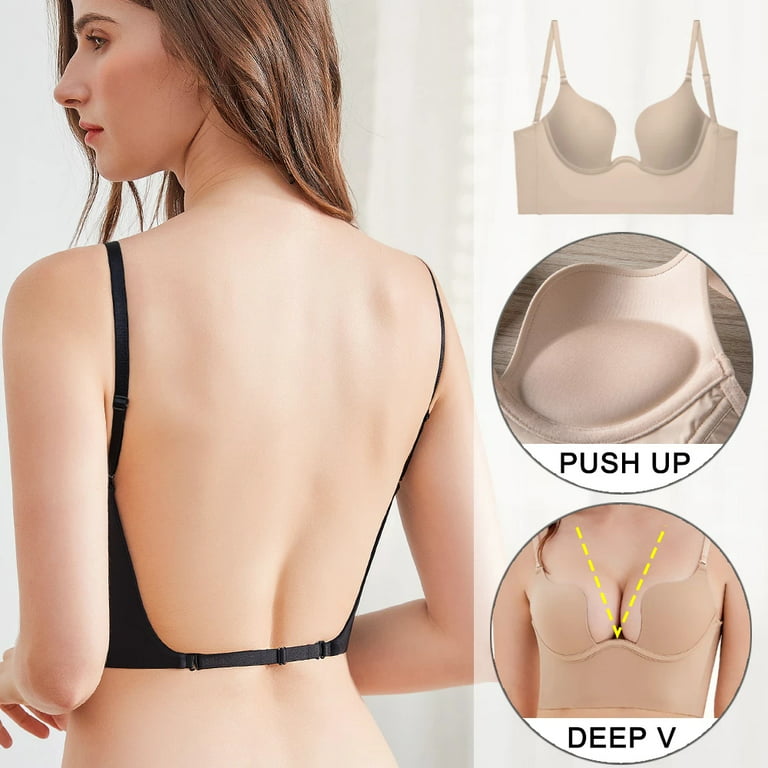 Push Up Bra Backless Women Bras Underpants 2Pcs Set Plunge Brassiere Open  Back Underwear Invisible Seamless Deep U Lingerie