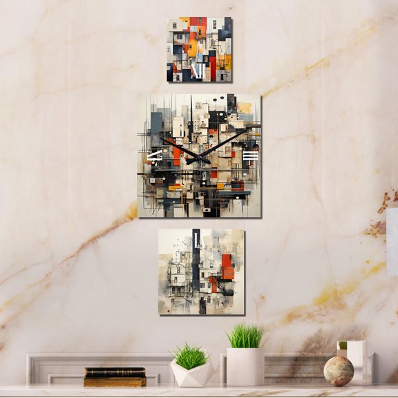 Designart "Abstract Harlem Renaissance Cityscape" Buildings & Cityscapes Oversized Wall Clock - Set Of 3 - Extra large Clock For Office Décor - Large Industrial Wall Clock