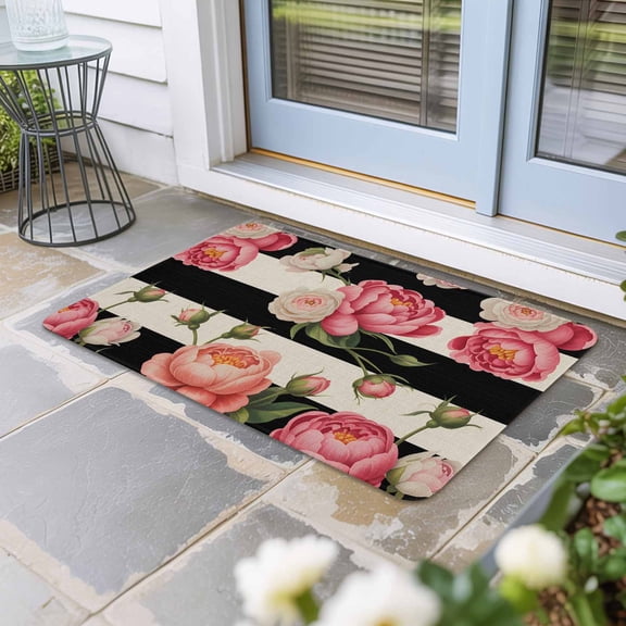 Flower Stripes Door Mat Indoor Outdoor, Black White Geometric Pink Rose Floral Non Slip Welcome Mat with Rubber Backing, Absorbent Fabric Front Door Mats Entryway Rug for Home Patio Entrance 18"x30"