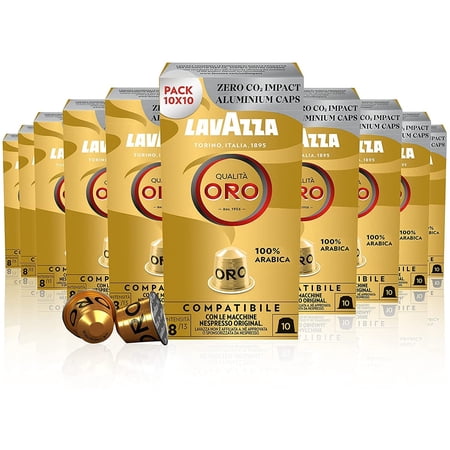 Lavazza Oro, Gold Quality, 100 Aluminum Capsules Compatible with Original Nespresso Machines, Fruity and Floral Notes, 100% Arabica, Intensity 8/13, Light Roasting, 10 Packs of 10 Capsules