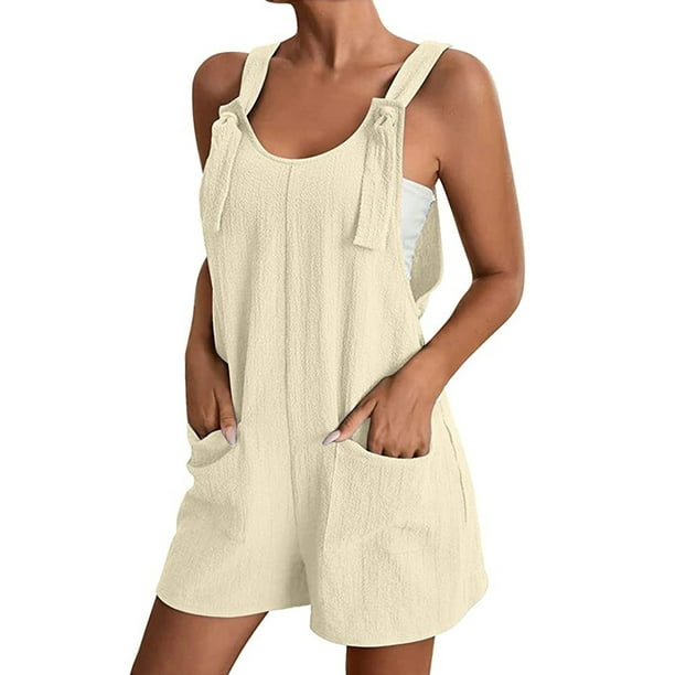 Bagilaanoe Womens Cotton Linen Bib Overall Shorts Casual Loose Fit ...