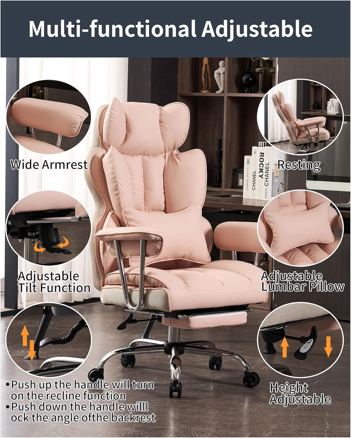 Woodty Executive Chair, PU Leather, High Back & Lumbar Support, Adjustable Armrests, Pink