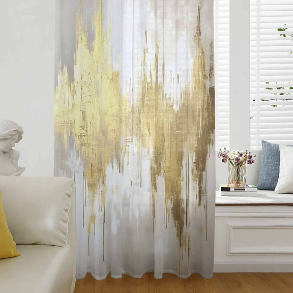 Gold Grey Semi Sheer Curtains Drapes for Living Room,Bedroom,French Doors Window 72 Inches Long,Abstract Contemporary Square Graffiti Smear Art Rod Pocket Chiffon Curtain Drapery Voile Drape Panel