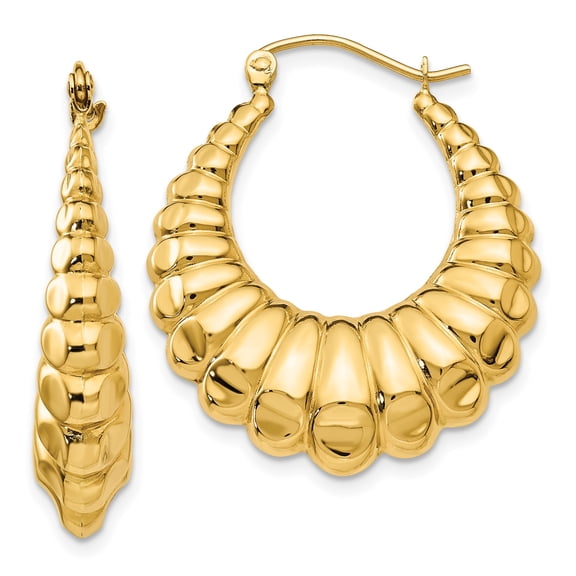 14k Yellow Gold Ribbed Shell Hoop Earrings for Women, Jewelry Stores Network