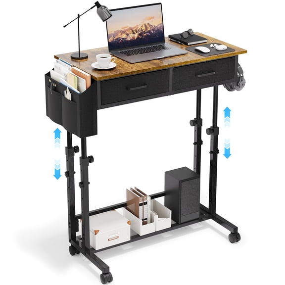 Rustic Brown Height Adjustable Standing Desk with Storage, Small Sit Stand