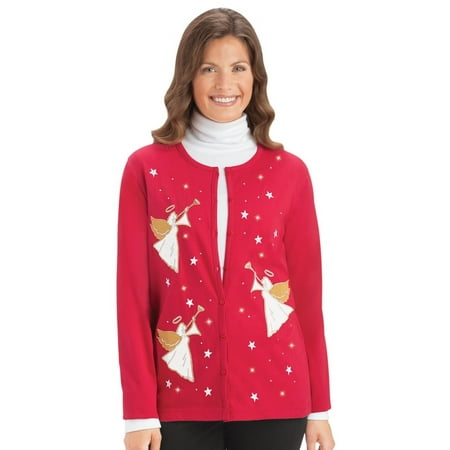 - Women's Holiday Embellished Angel Knit Cardigan, Xx-Large, Red